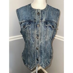 Harley Davidson Denim Vest Womens L Sleeveless Vintage Embroidered 100% Cotton